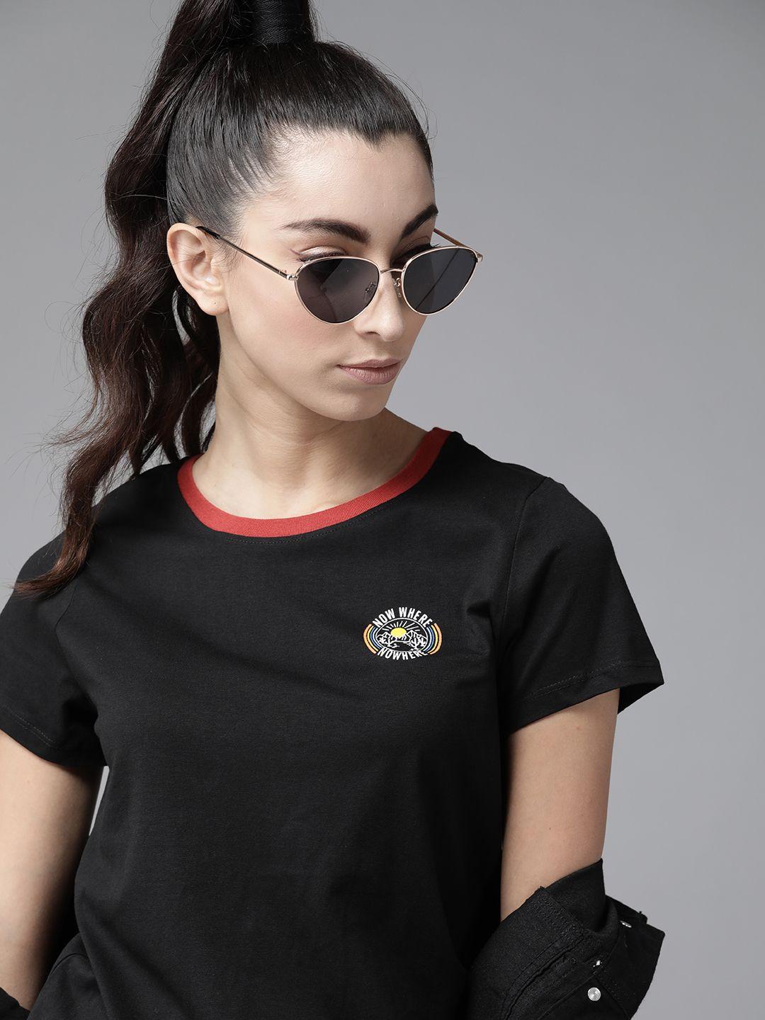 The Roadster Lifestyle Co Women Black Pure Cotton Solid Round Neck Pure Cotton T-shirt