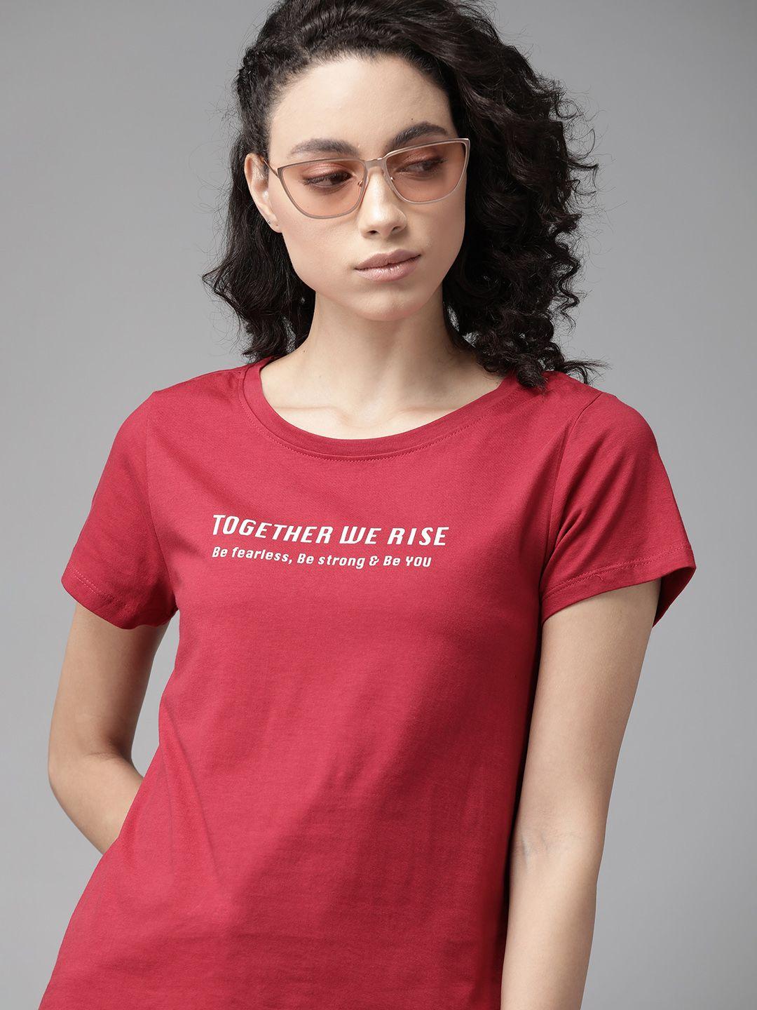 The Roadster Lifestyle Co Women Red Printed Round Neck Pure Cotton T-shirt