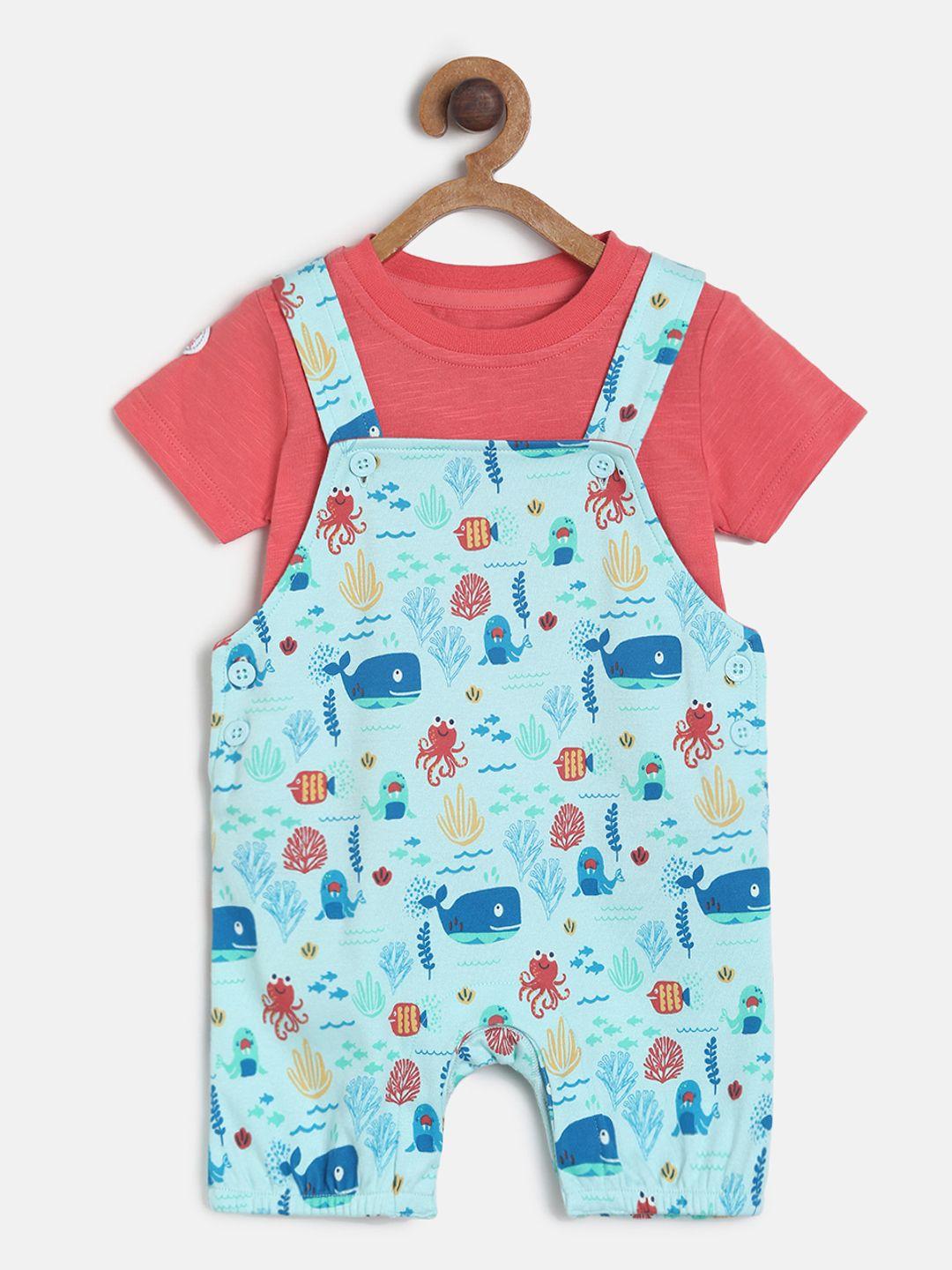 MINI KLUB Girls Pink & Blue Pure Cotton Printed Romper with T-shirt