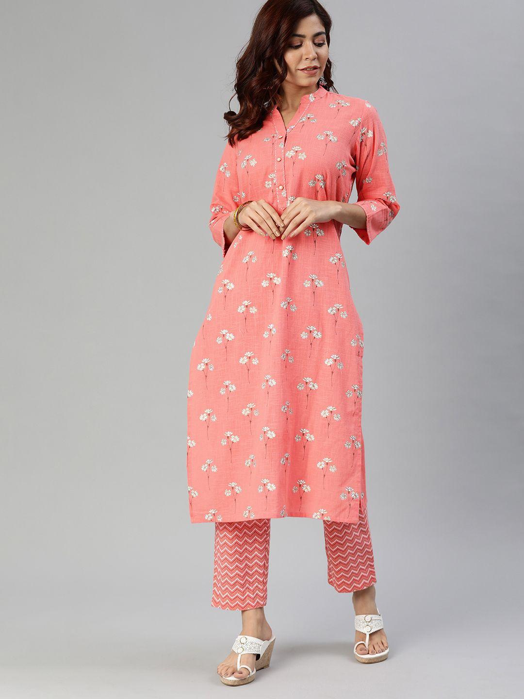 Divena Women Pink & White Floral Printed Kurta with Trousers