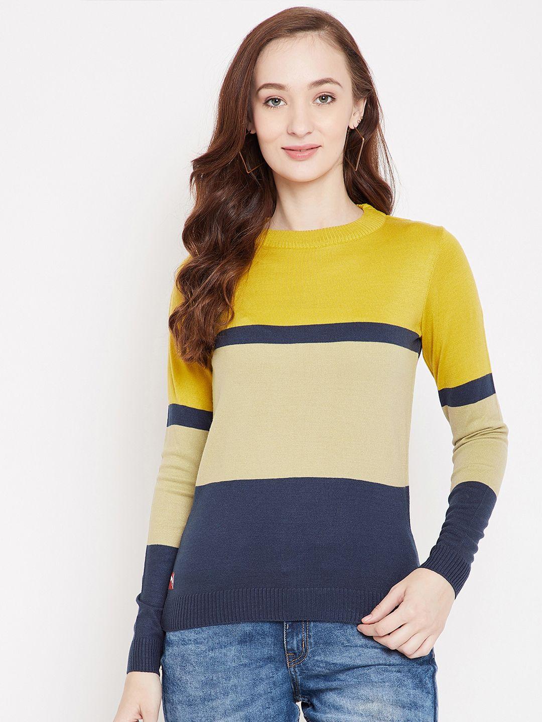 jump-usa-women-mustard-yellow-&-navy-blue-colourblocked-acrylic-pullover-sweater