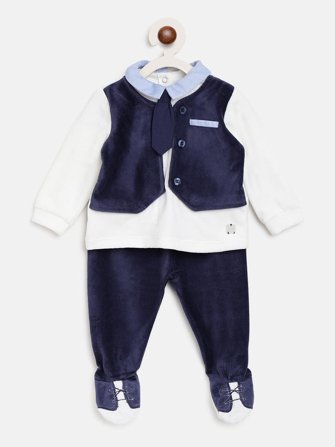 Chicco Infant Boys Navy Blue & White Solid Clothing Set