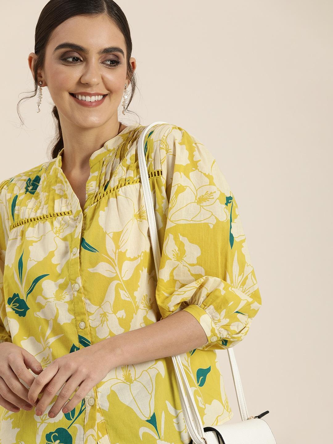 all about you Yellow & Off White Floral Print Mandarin Collar Puff Sleeve Pure Cotton Top