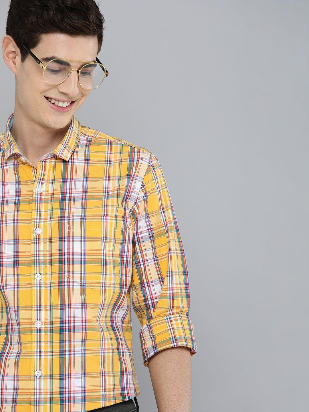 Mast & Harbour Men Yellow & White Regular Fit Checked Casual Sustainable Shirt