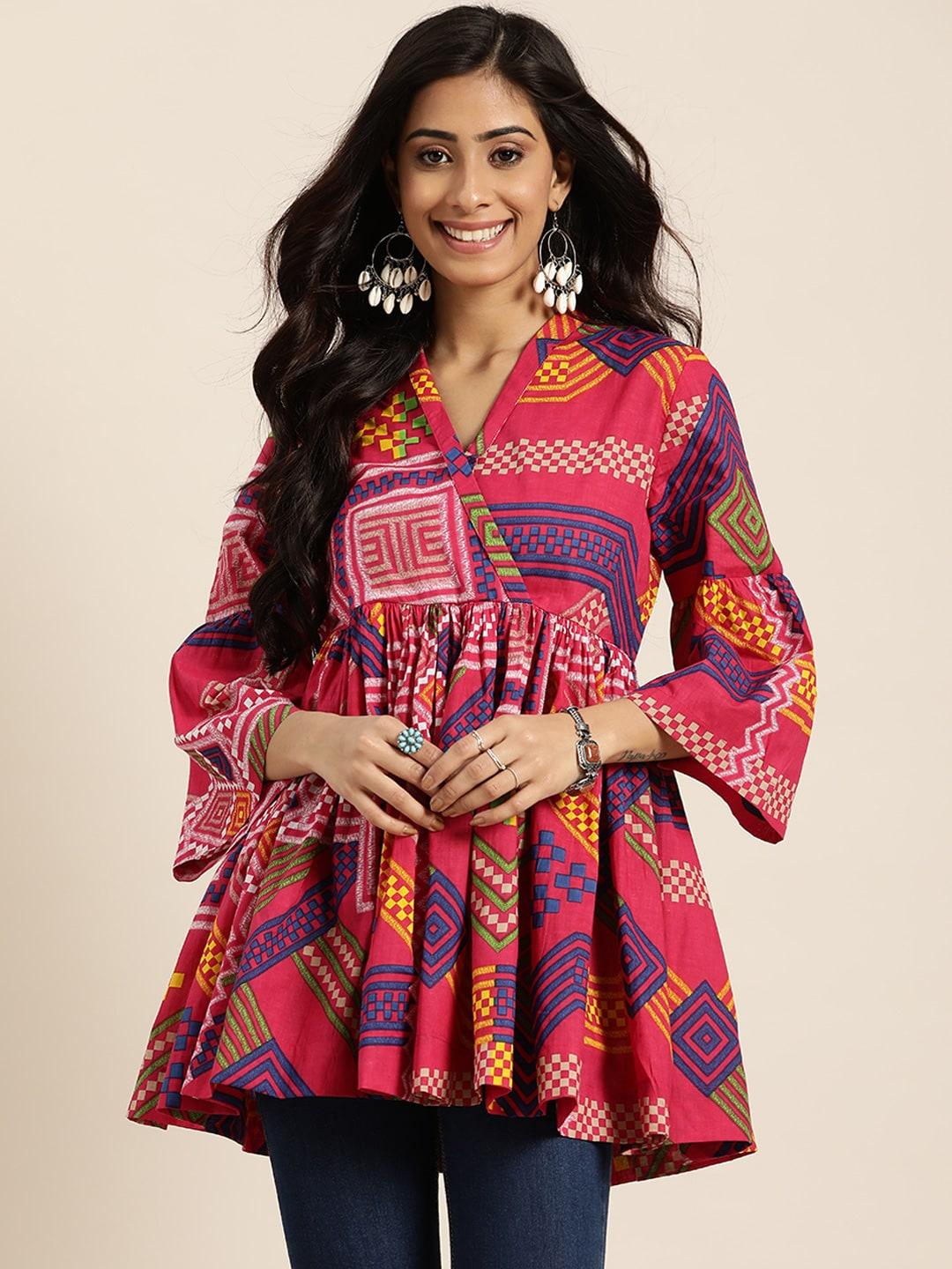 sangria-pink-&-blue-geometric-printed-bell-sleeves-pure-cotton-a-line-top
