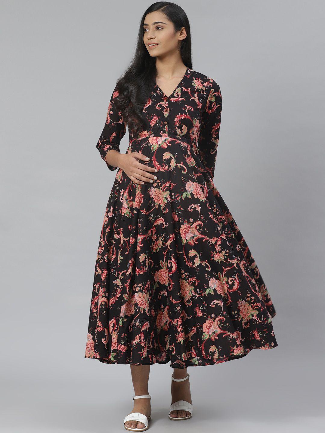 anayna-women-black-&-pink-floral-printed-pure-cotton-maternity-a-line-dress