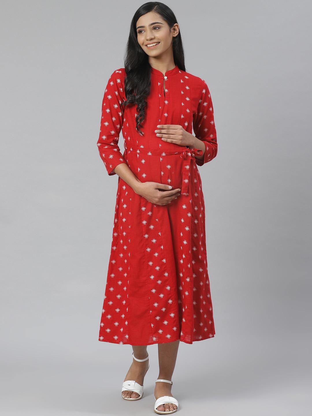 anayna Women Red & White Printed Pure Cotton Maternity A-Line Dress