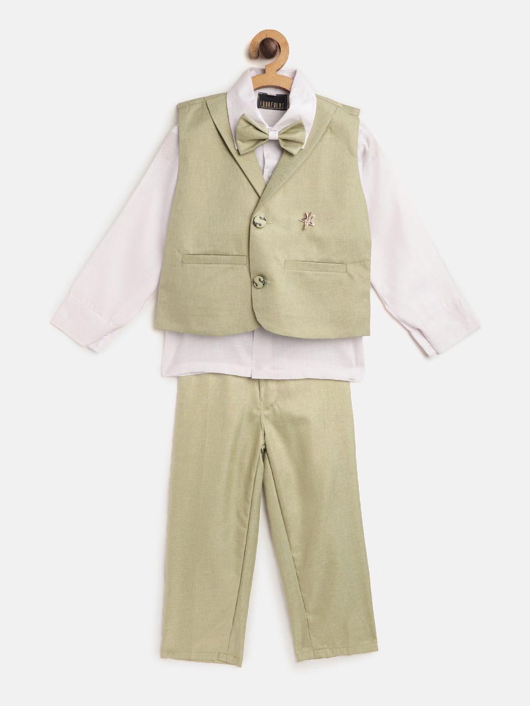FOURFOLDS Boys White & Green Solid Clothing Set with Bow Tie