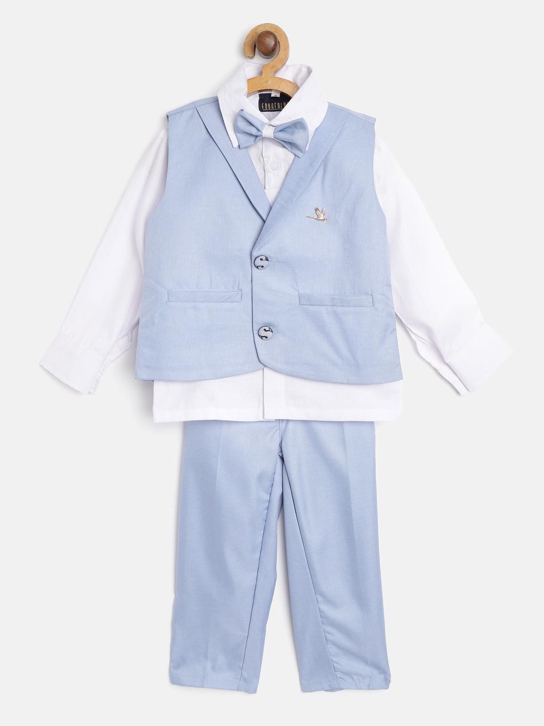 FOURFOLDS Boys White & Blue Solid Clothing Set with Waistcoat & Bow-Tie