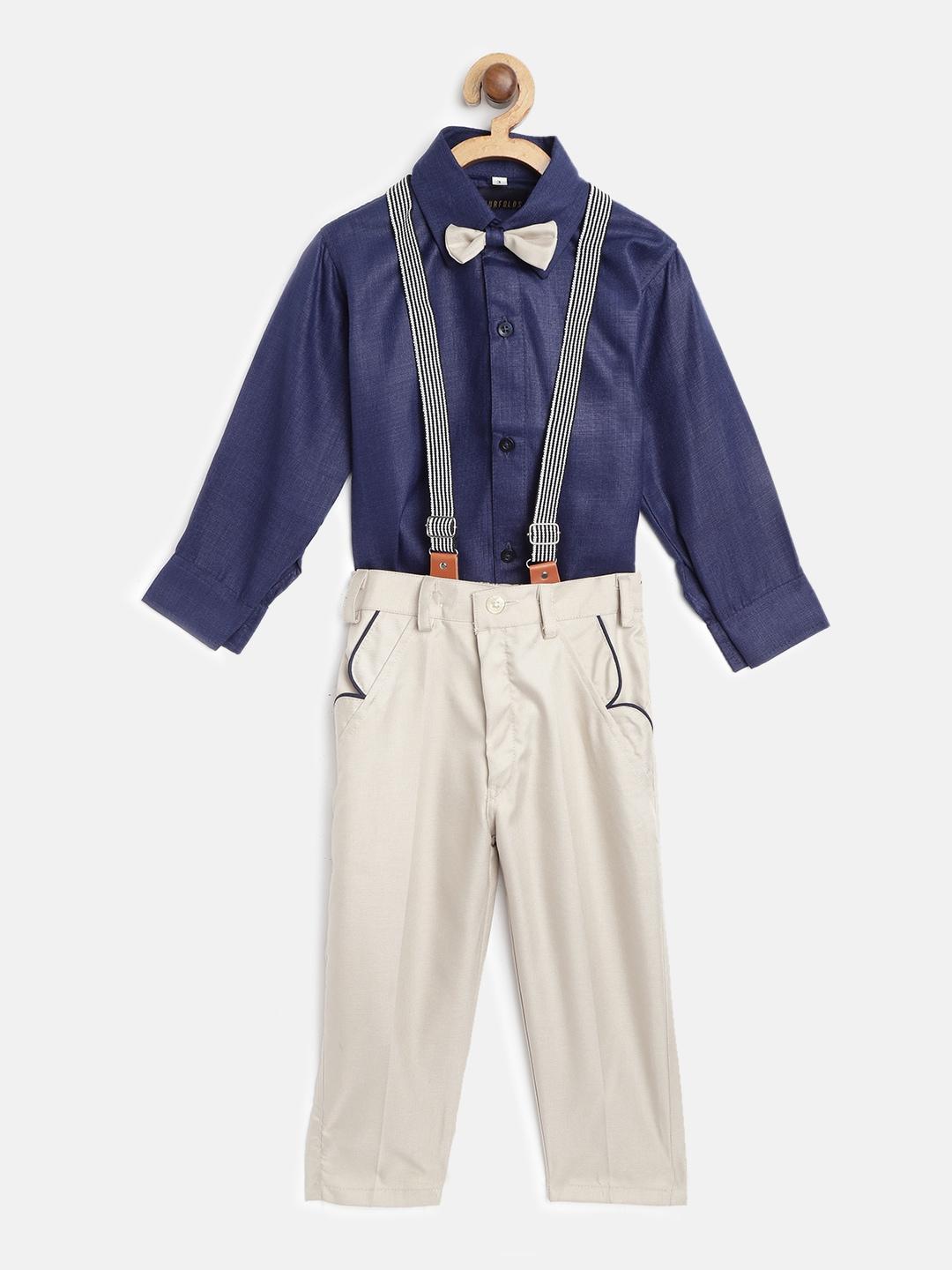 FOURFOLDS Boys Navy Blue & Off-White Solid Clothing Set With Suspenders & Bow