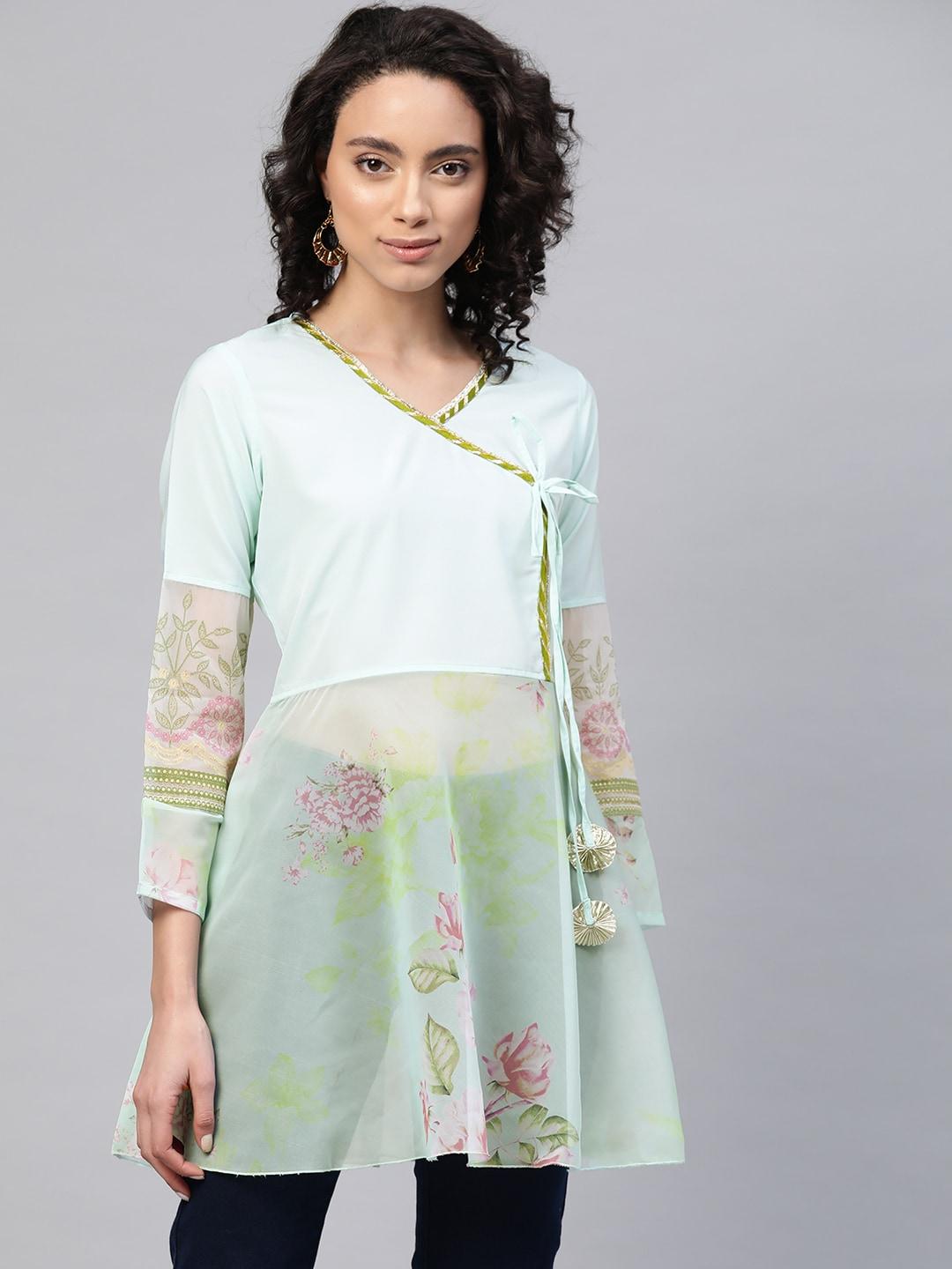 Ahalyaa Women Sea Green & Pink Floral Print Semi-Sheer Angrakha Tunic