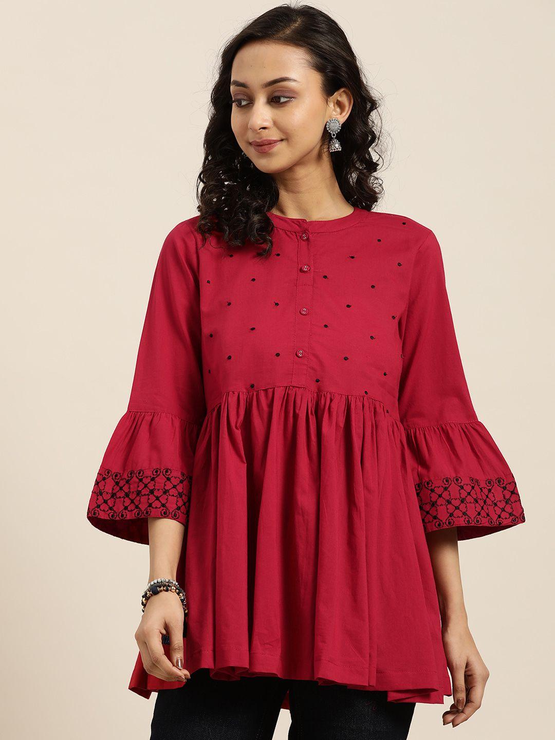 sangria-women-red-mandarin-collar-bell-sleeves-pure-cotton-top