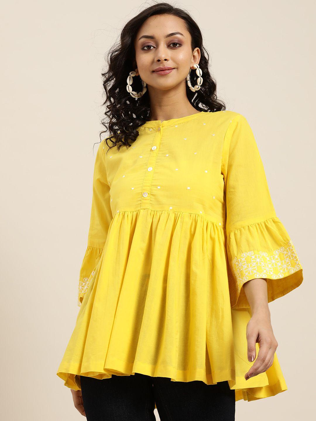 sangria-women-yellow-mandarin-collar-bell-sleeves-pure-cotton-top