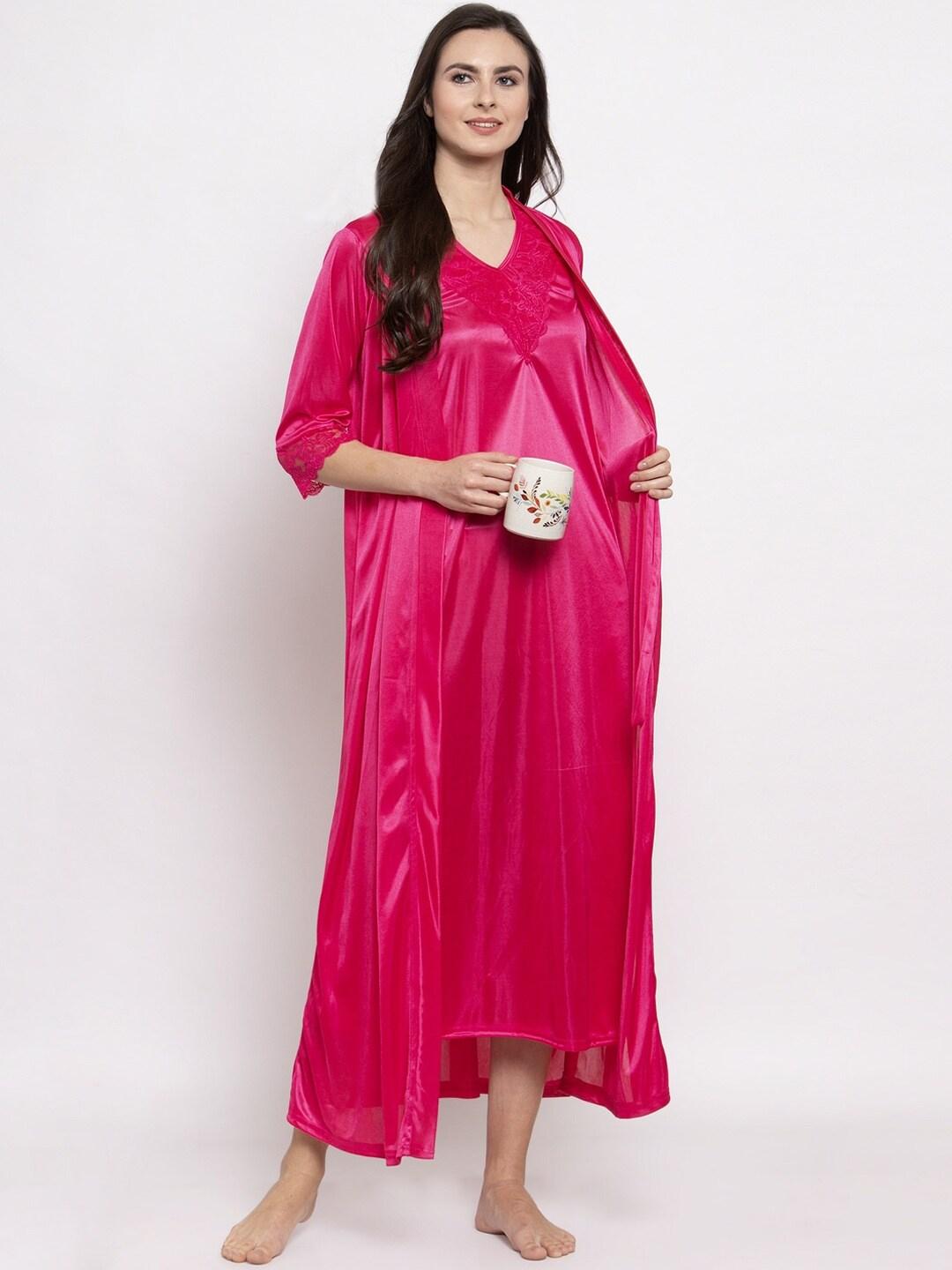 Claura Women Pink Solid Nightdress With Robe