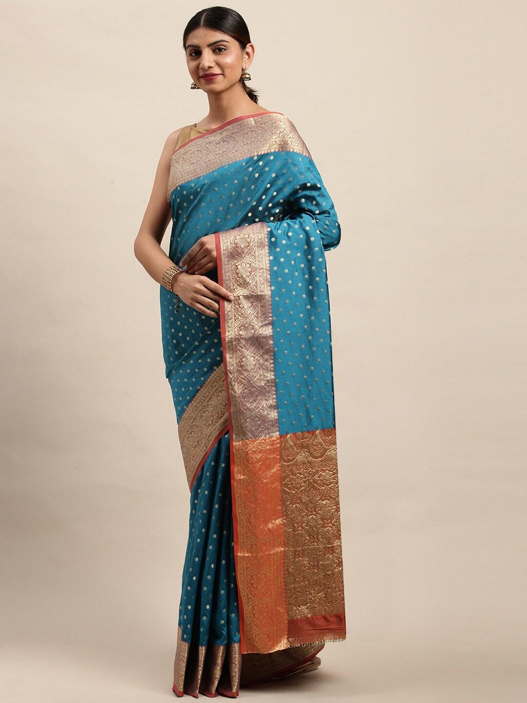 Shaily Blue & Red Silk Blend Woven Design Saree