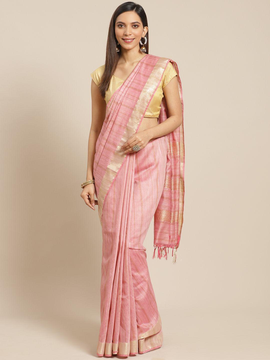 swatika Pink & Golden Handloom Zari Striped Bhagalpuri Saree