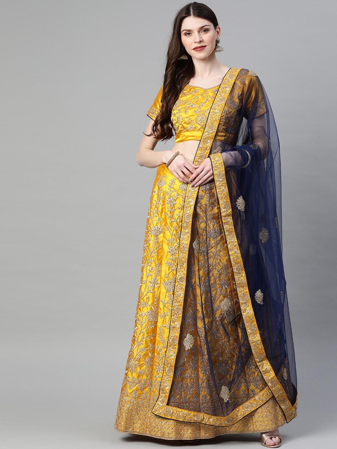Readiprint Fashions Yellow & Blue Embroidered Semi-Stitched Lehenga & Unstitched Blouse with Dupatta