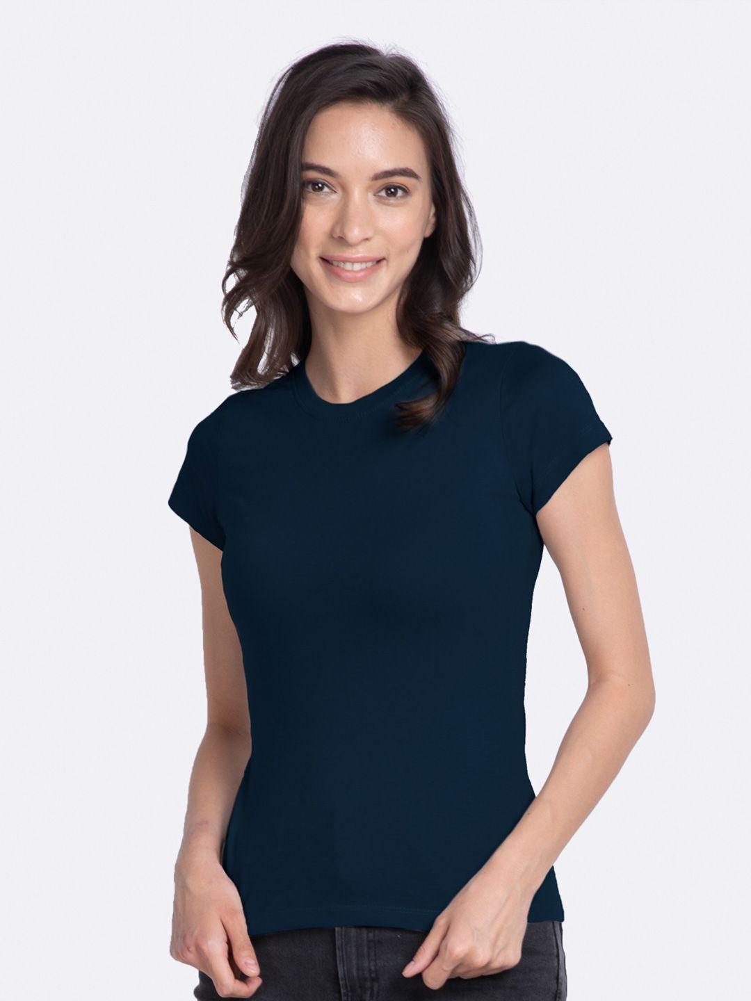 bewakoof-women-blue-solid-round-neck-t-shirt