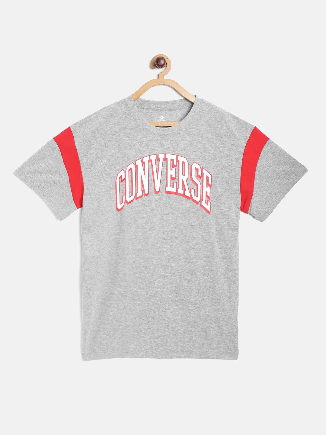 Converse Boys Grey Melange & Red Brand Logo Print Round Neck T-shirt