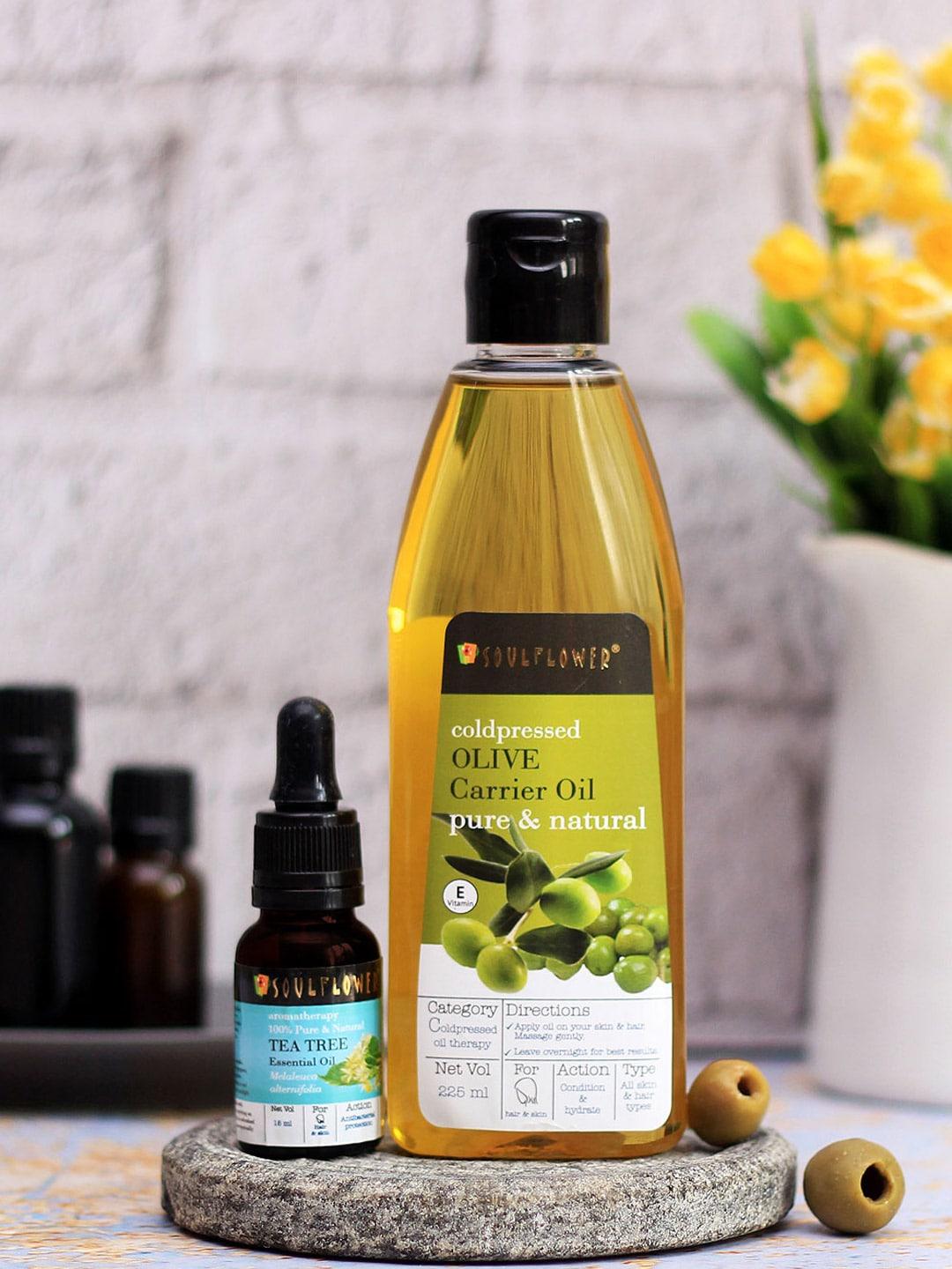 Soulflower Set of Olive Hair Oil 225 ml & Tea Tree Essential Oil For Skin  Hair 15 ml