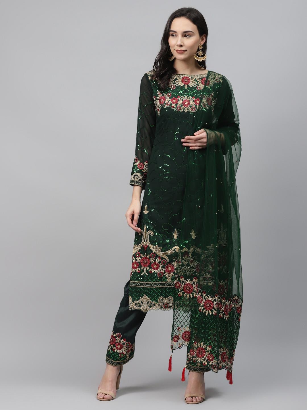 Readiprint Fashions Green & Golden Sequinned Semi-Stitched Dress Material