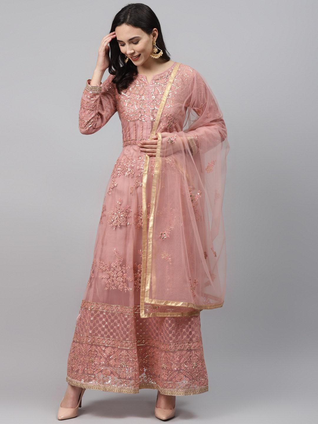 Readiprint Fashions Peach-Coloured & Golden Net Semi-Stitched Dress Material
