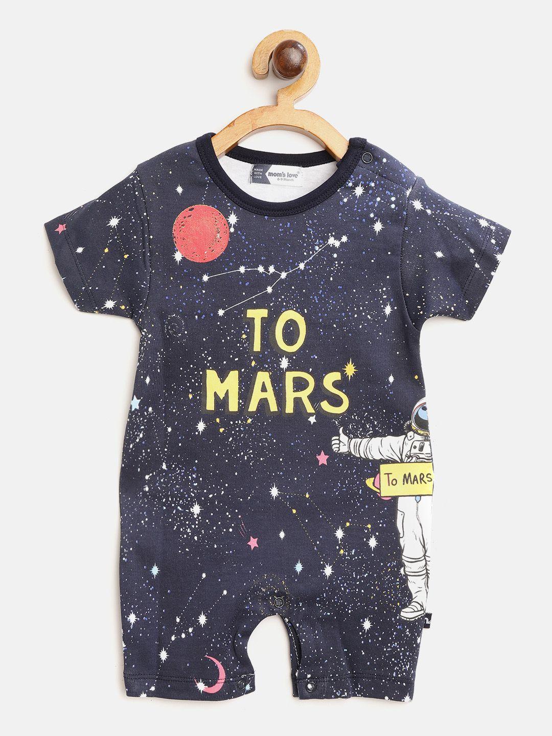 Moms Love Infant Kids Navy Blue & Mustard Yellow Typography Print Cotton Rompers