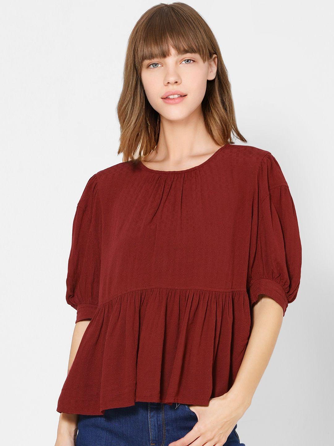 only-women-maroon-self-design-pleated-a-line-top