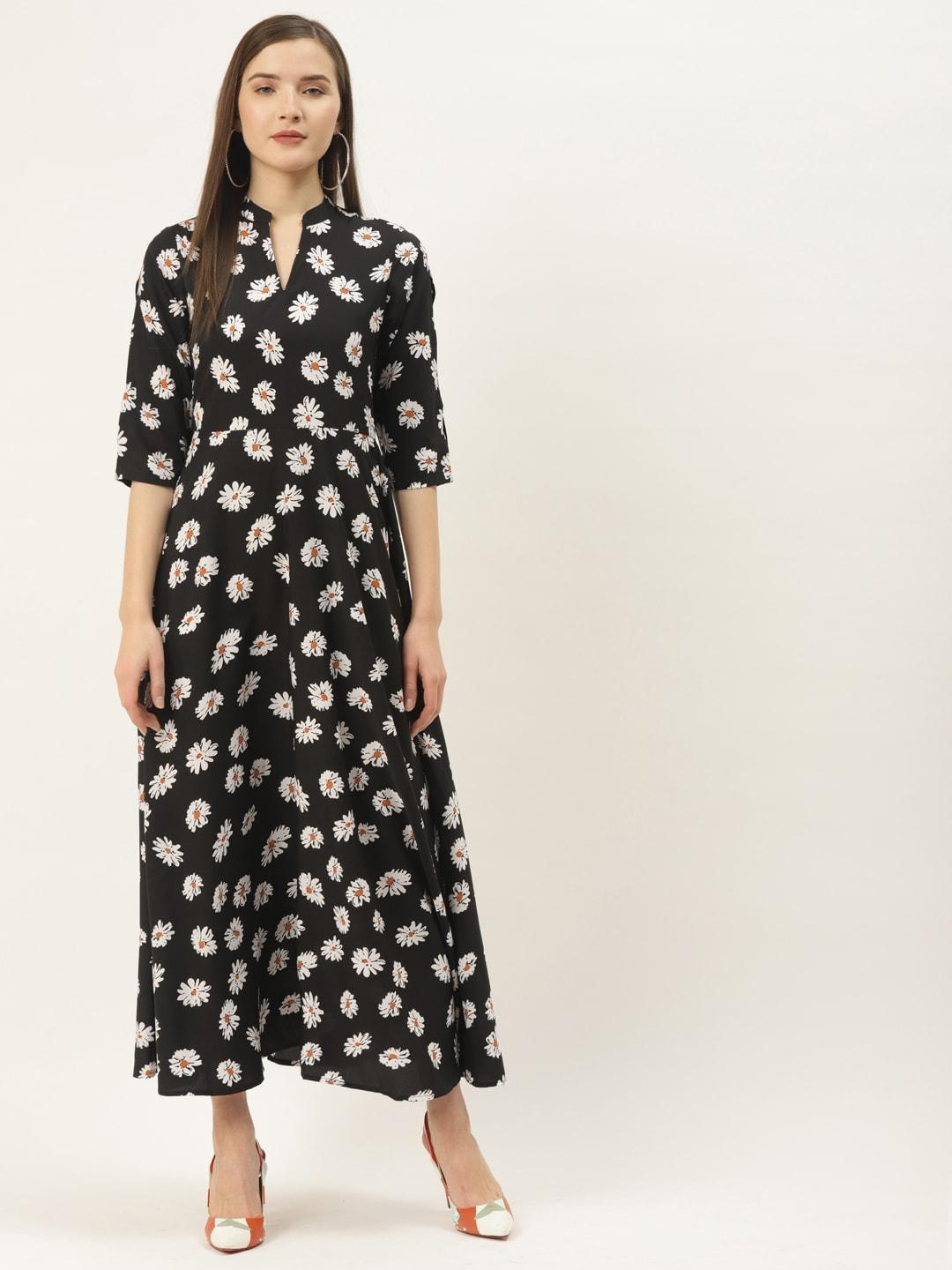 Deewa Women Black & White Floral Print Maxi Dress