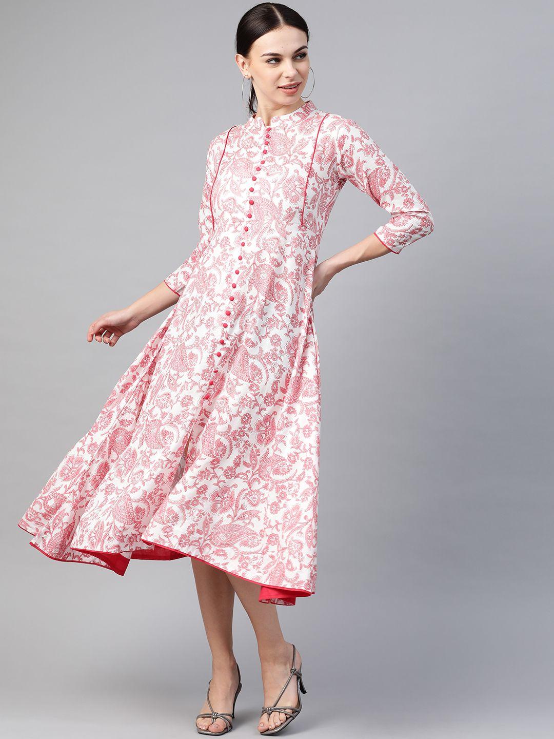 highlight-fashion-export-women-white-&-pink-printed-a-line-midi-dress