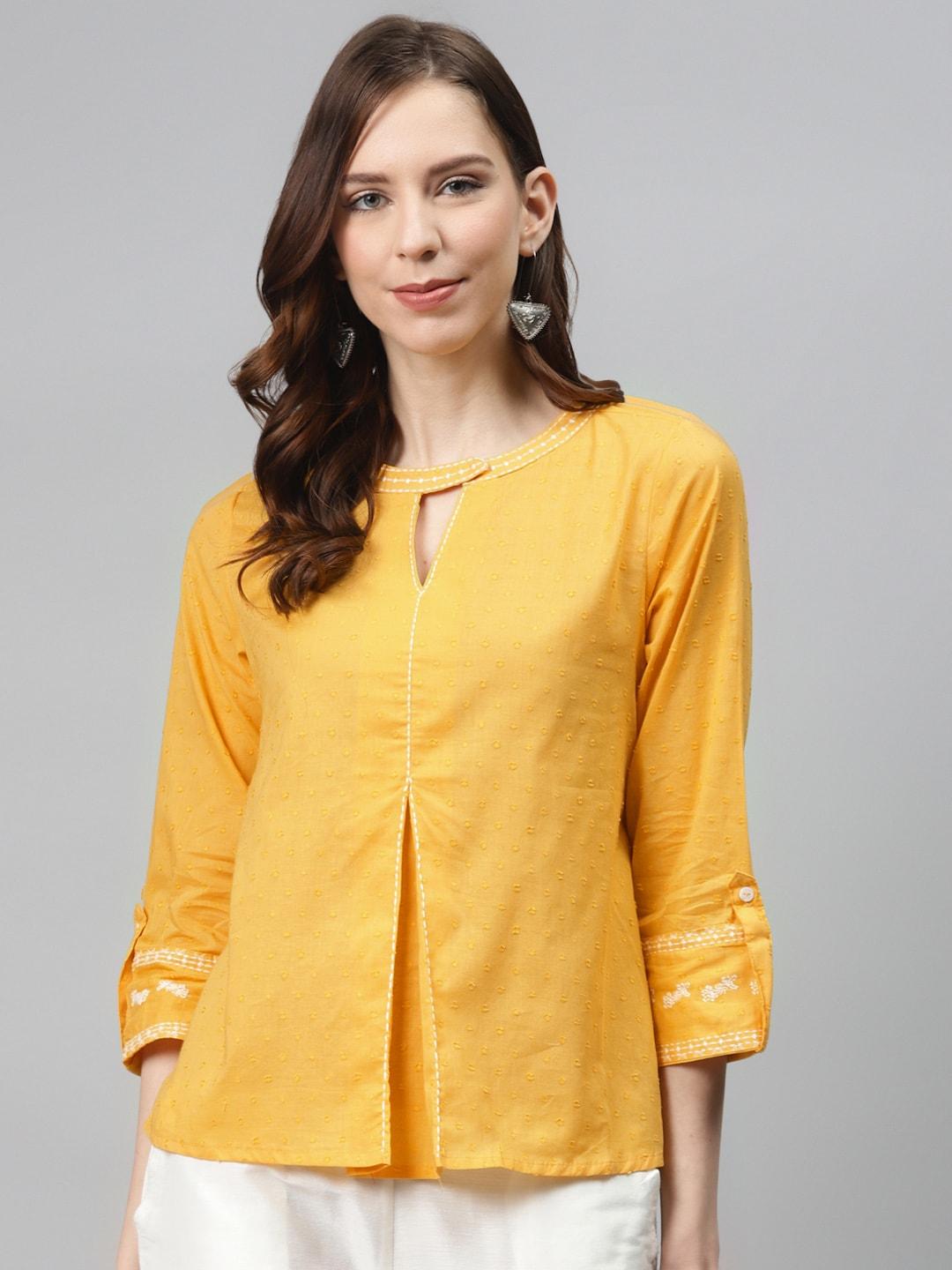global-desi-women-yellow-self-design-pure-cotton-top-with-pleat-detail