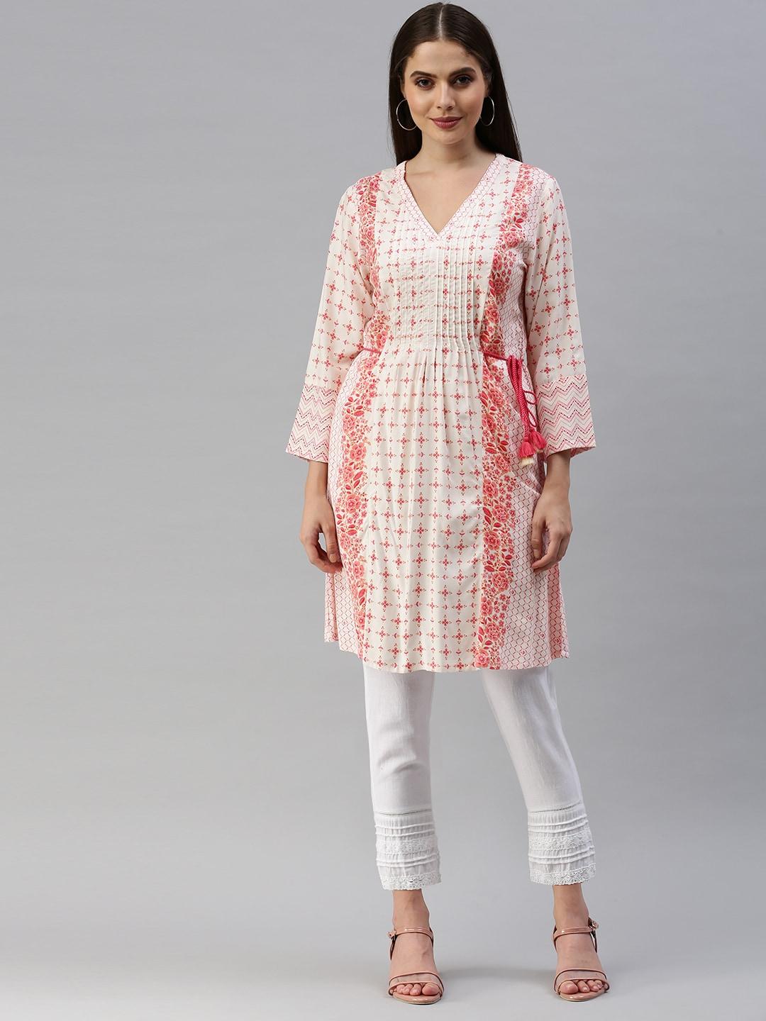 Global Desi Off White & Pink Viscose Printed Side Tie-Up Tunic