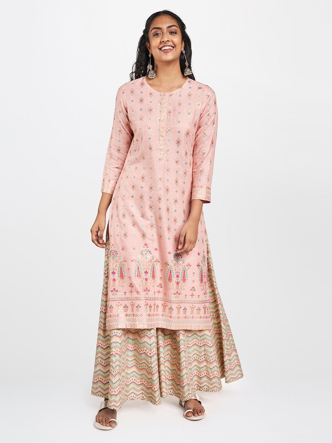 Global Desi Women Pink & Gold-toned Ethnic Motifs Foil Printed Kurta