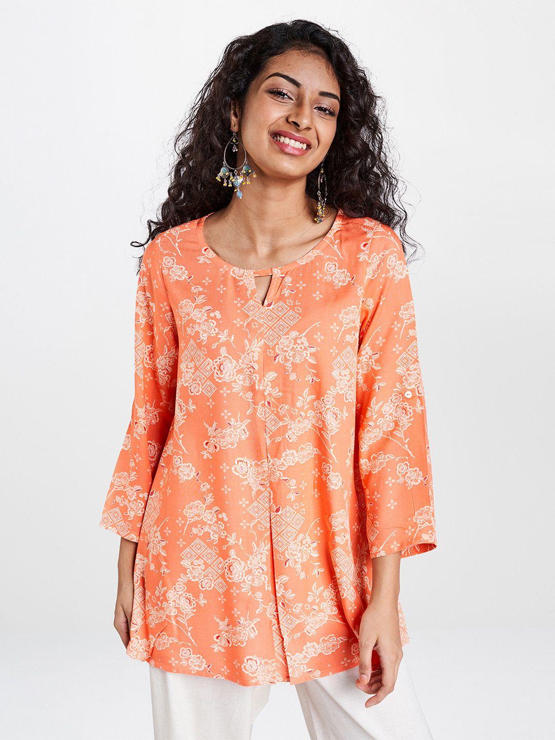 global-desi-women-coral-orange-&-white-ecovero-printed-a-line-top