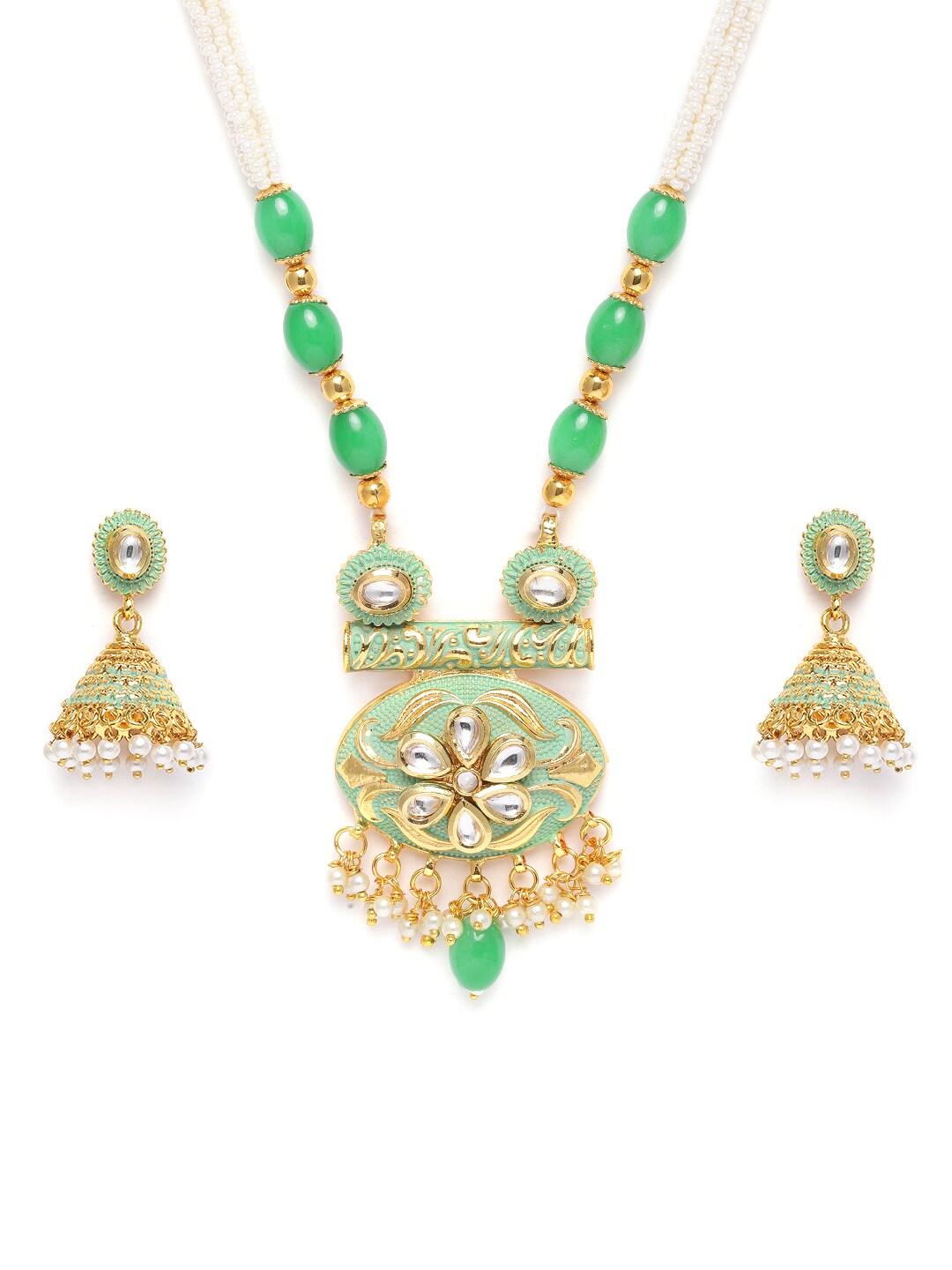 Kord Store Green Gold Plated Lariyat Meenakari Kundan Haram Necklace & Earrings Set