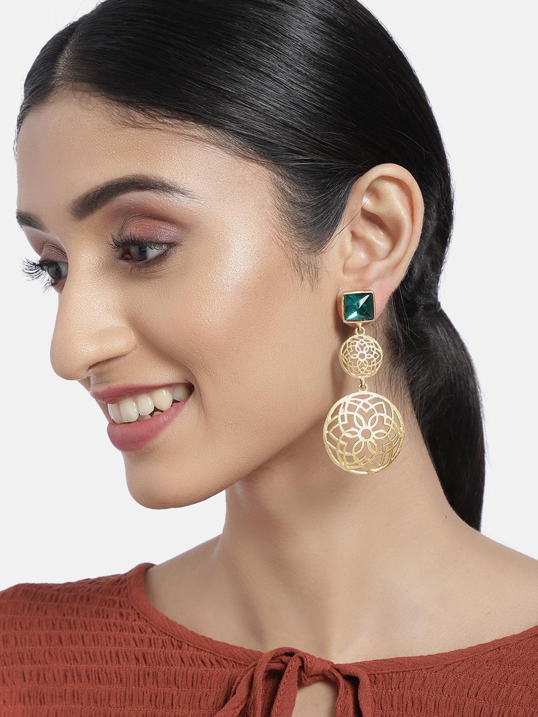 I Jewels Gold-Plated Green Matte Finish Studded Circular Drop Earrings