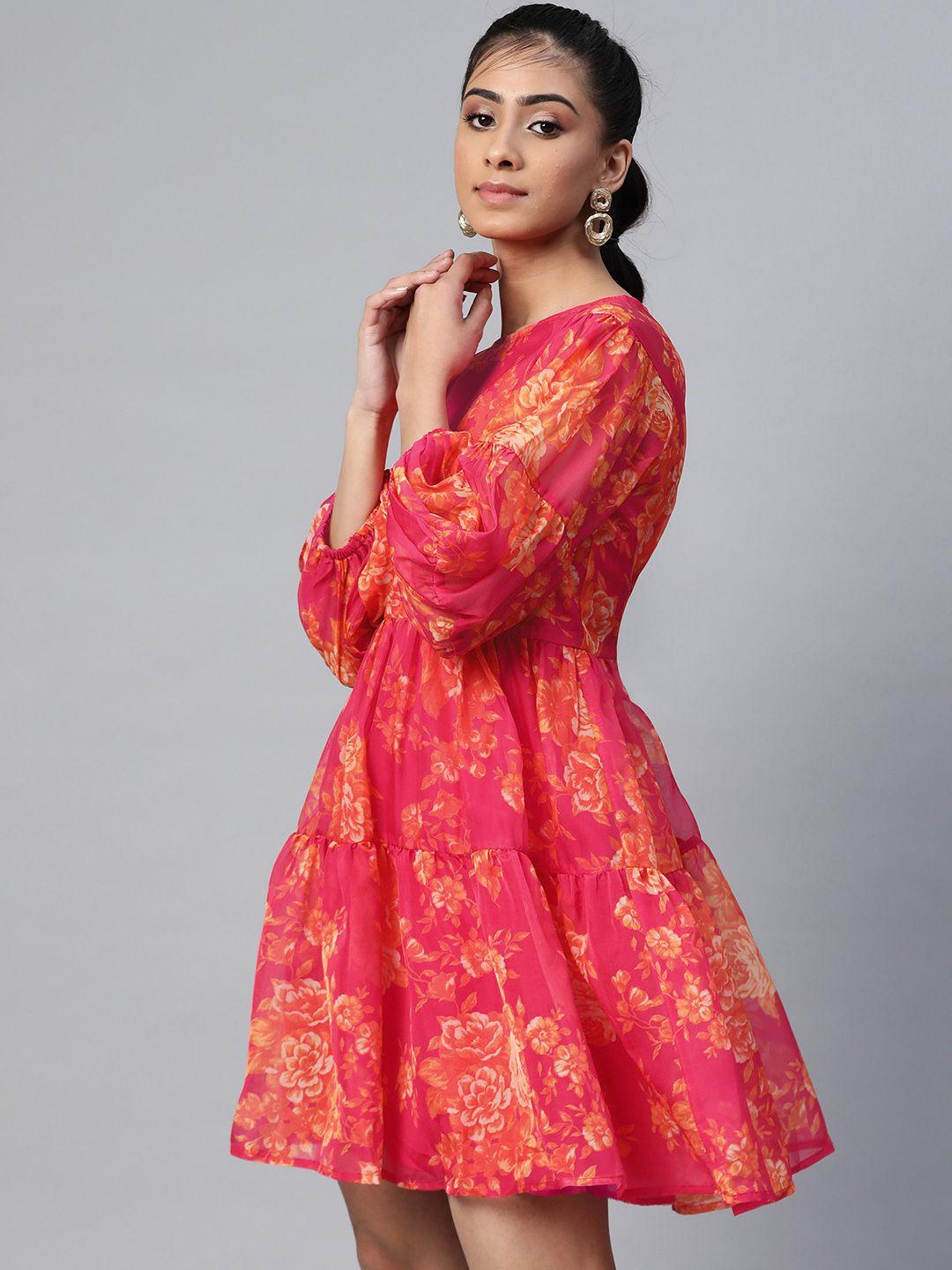 sassafras-pink-&-orange-floral-printed-tiered-a-line-dress-with-puff-sleeves
