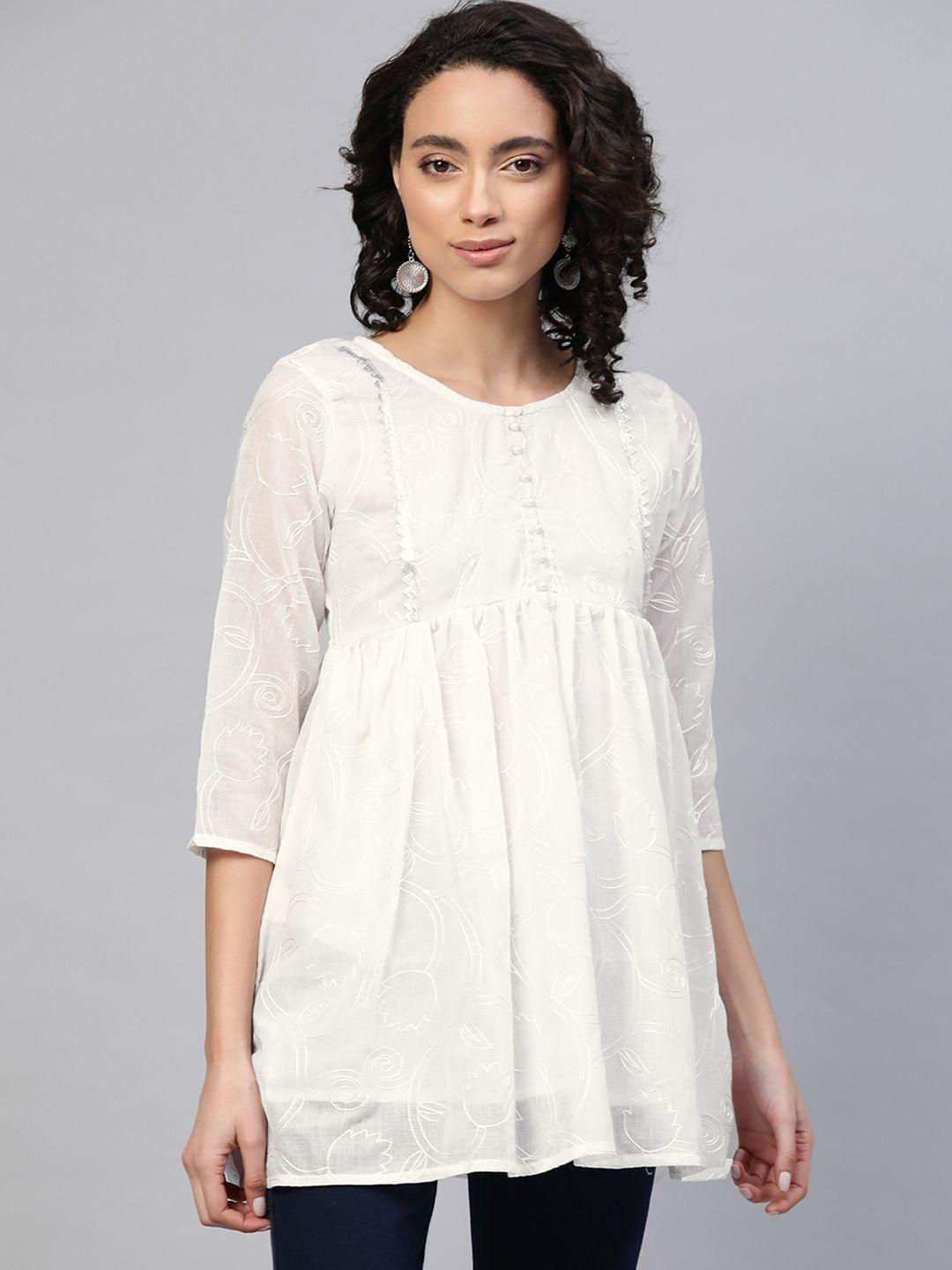 Ahalyaa Women Off-White & Silver Embroidered Tunic