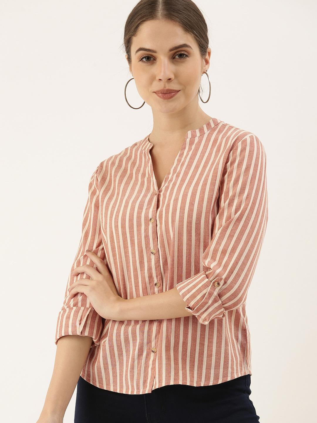 Chemistry Women Brown & Off-White Regular Fit Striped Casual Shirt