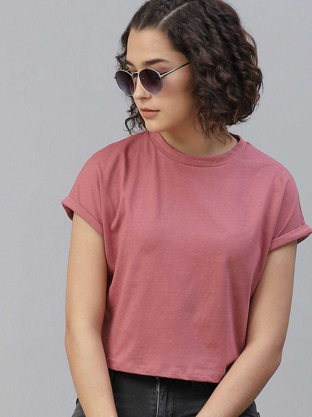 The Roadster Lifestyle Co Women Dusty Pink Cotton Solid Round Neck Cropped T-shirt