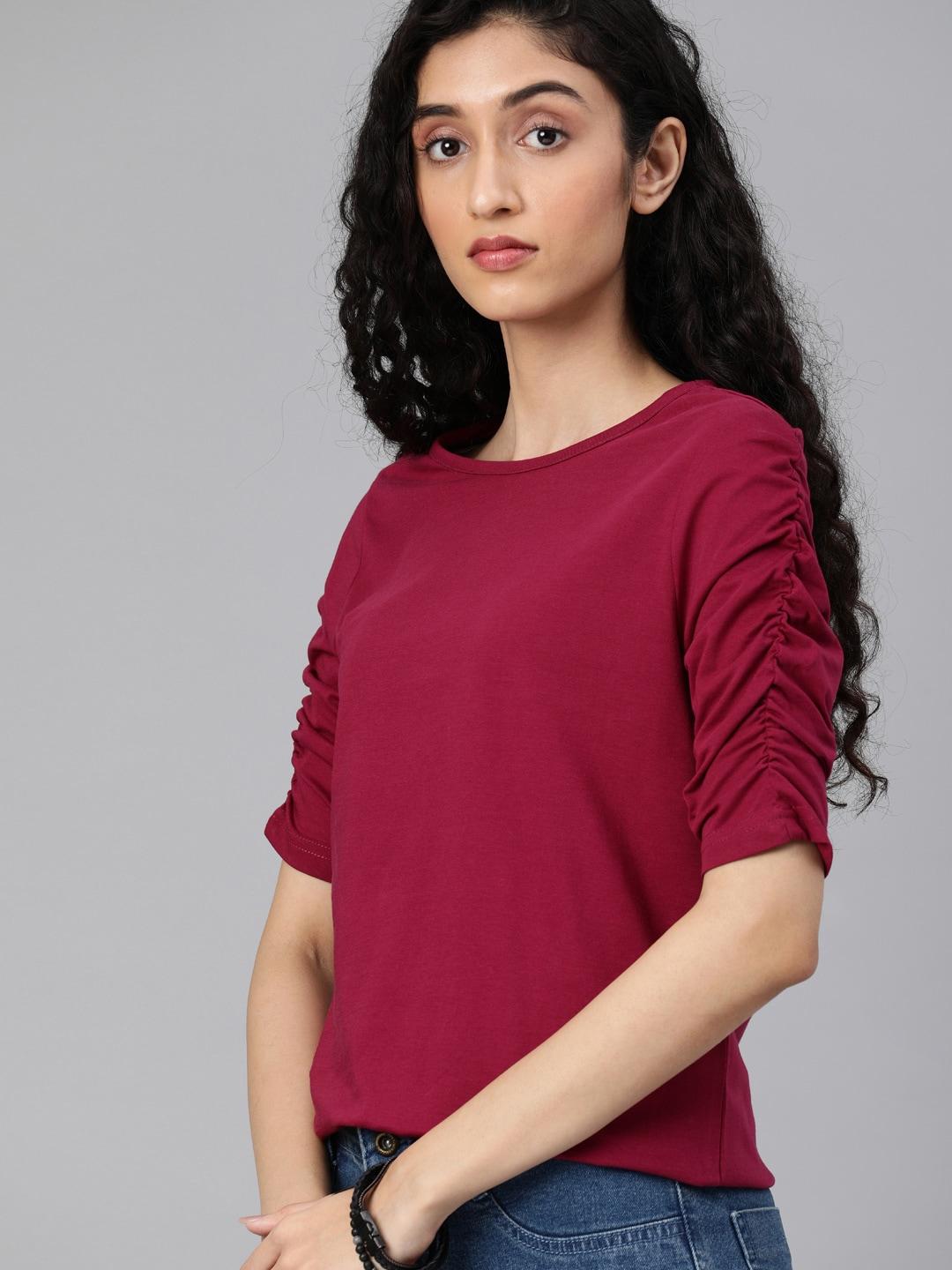 The Roadster Life Co. Women Red Solid Round Neck Pure Cotton Top