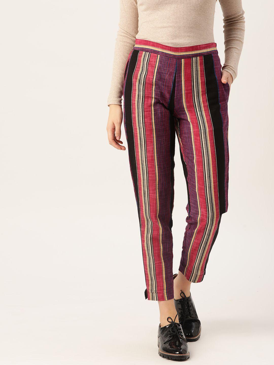 sangria-women-purple-&-coral-pink-pure-cotton-striped-regular-trousers