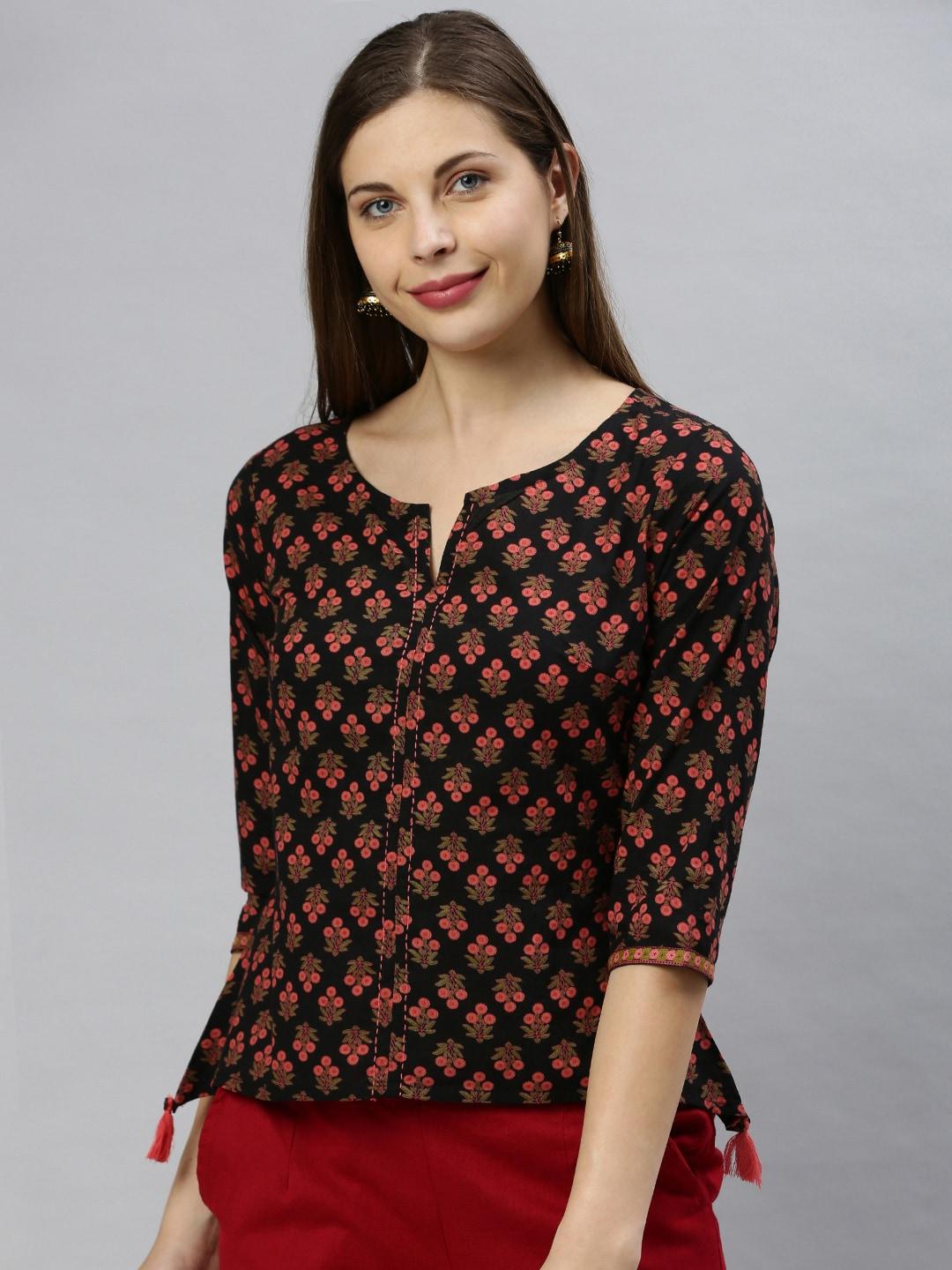 Janasya Women Black & Red Floral Printed Regular Top