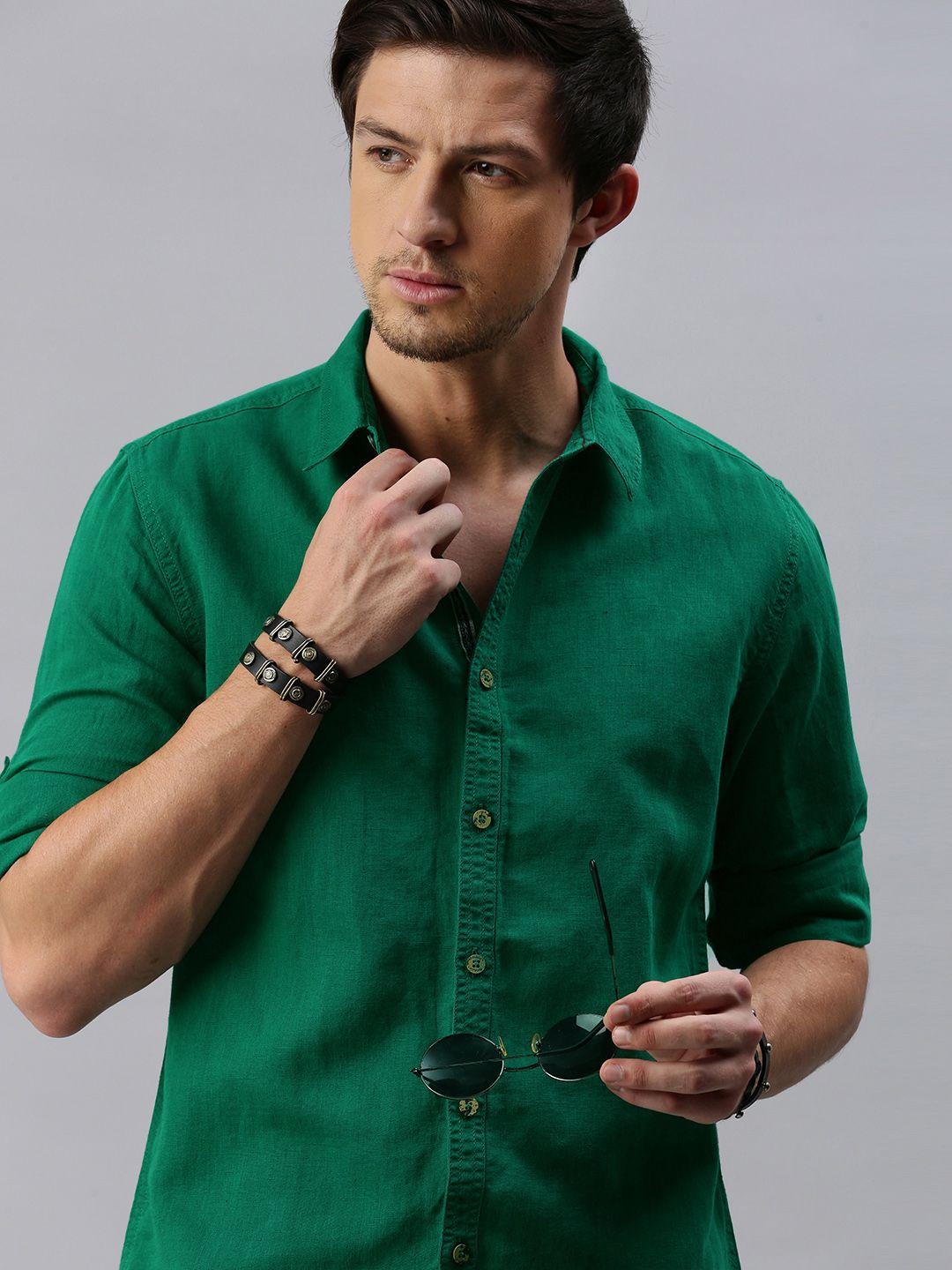 Roadster Men Green Regular Fit Solid Casual Linen Cotton Shirt