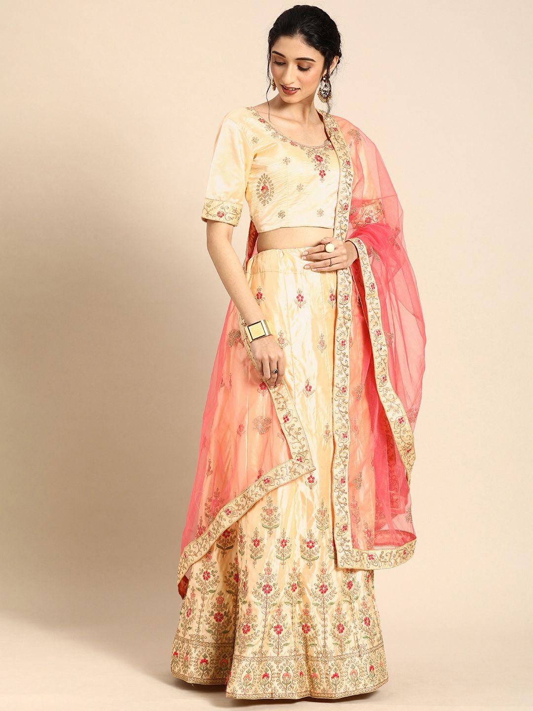 Shaily Cream-Coloured & Pink Embroidered Semi-Stitched Lehenga & Unstitched Blouse with Dupatta