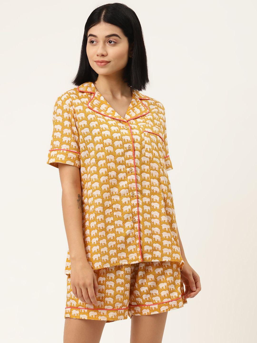 MABISH by Sonal Jain Women Mustard Yellow & White Ethnic Motifs Print Cotton Night suit
