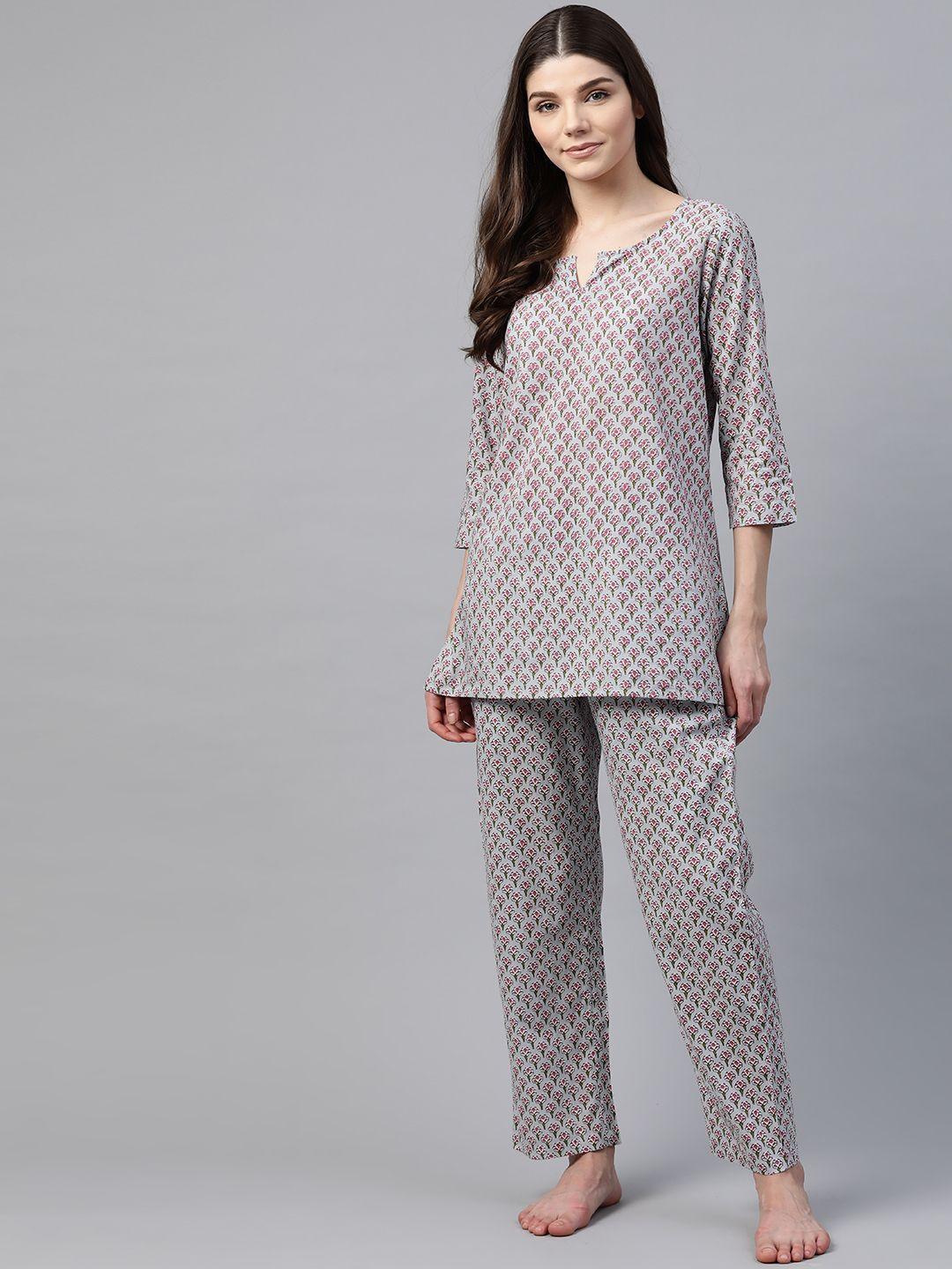 Divena Women Grey & Pink Pure Cotton Printed Night suit