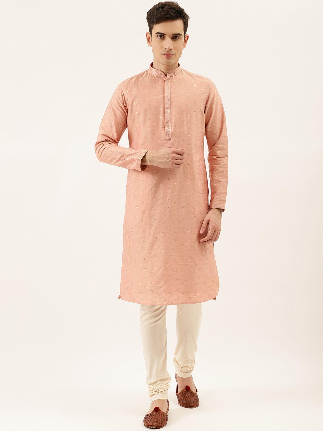manyavar-men-peach-coloured-&-beige-embroidered-kurta-with-churidar