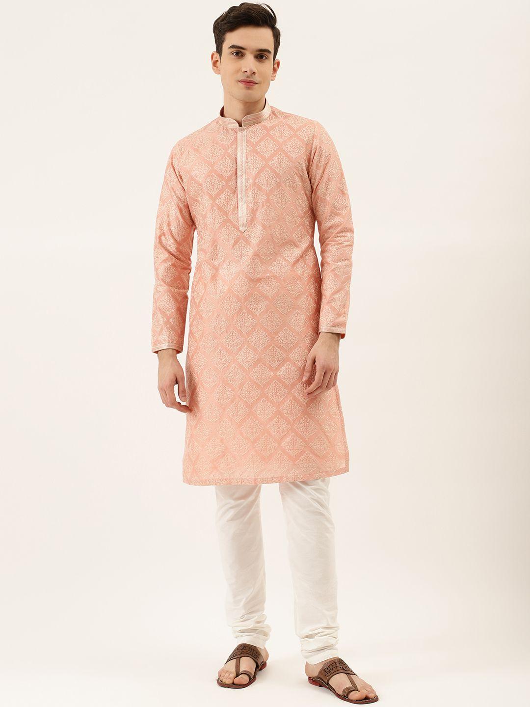 manyavar-men-peach-coloured-&-white-embroidered-kurta-with-churidar