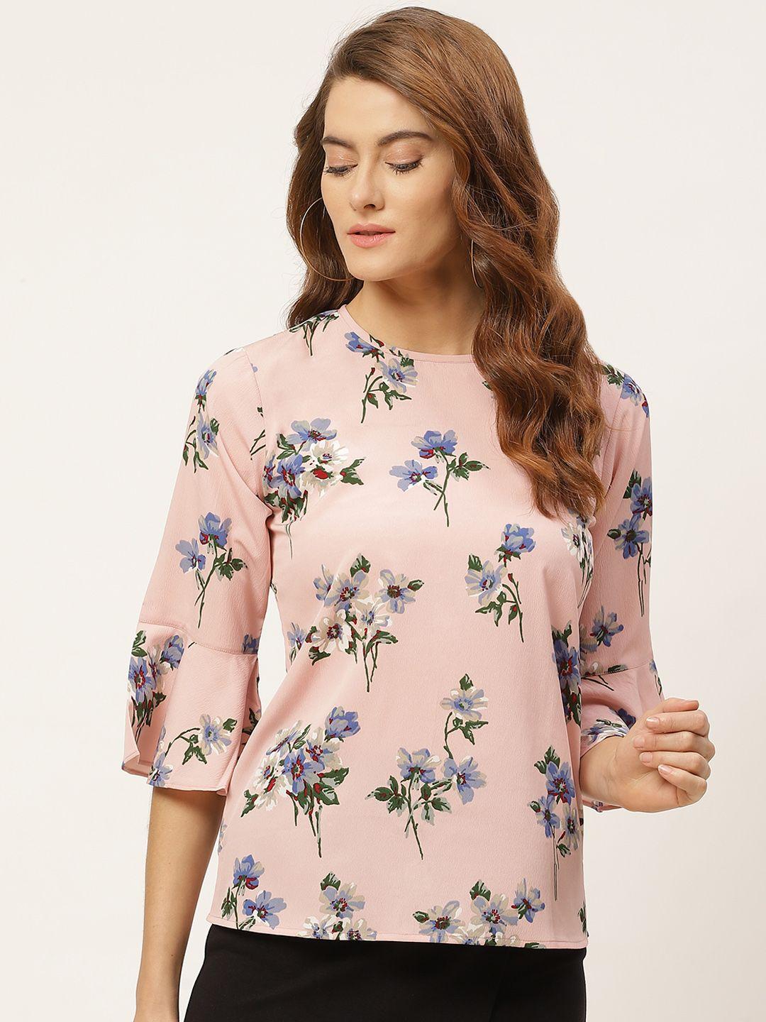 one-femme-peach-coloured-&-green-floral-printed-bell-sleeves-crepe-regular-top